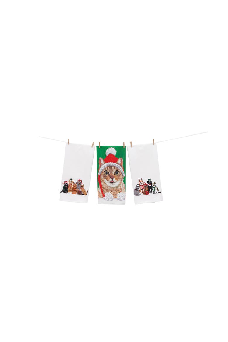 Holiday Cat with Knitted Santa Hat Pet Holiday Towel, Alternate, color, Green