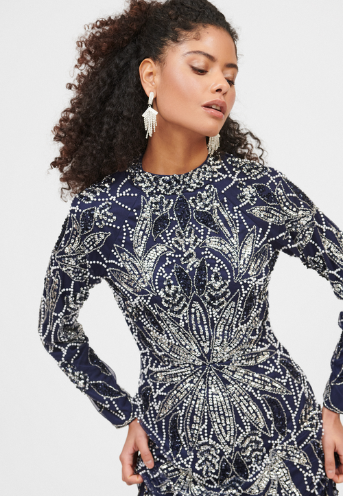 Maryisa Embellished Sequin Beaded A Line With Trail Maxi Dress In Mid Night Blue