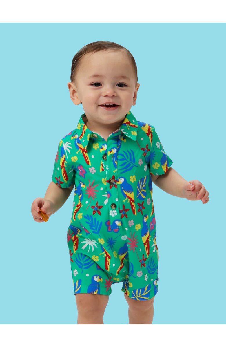 RuggedButts Baby Boys Woven Short Sleeve Button-Up Romper, Alternate, color, Parrot Palms