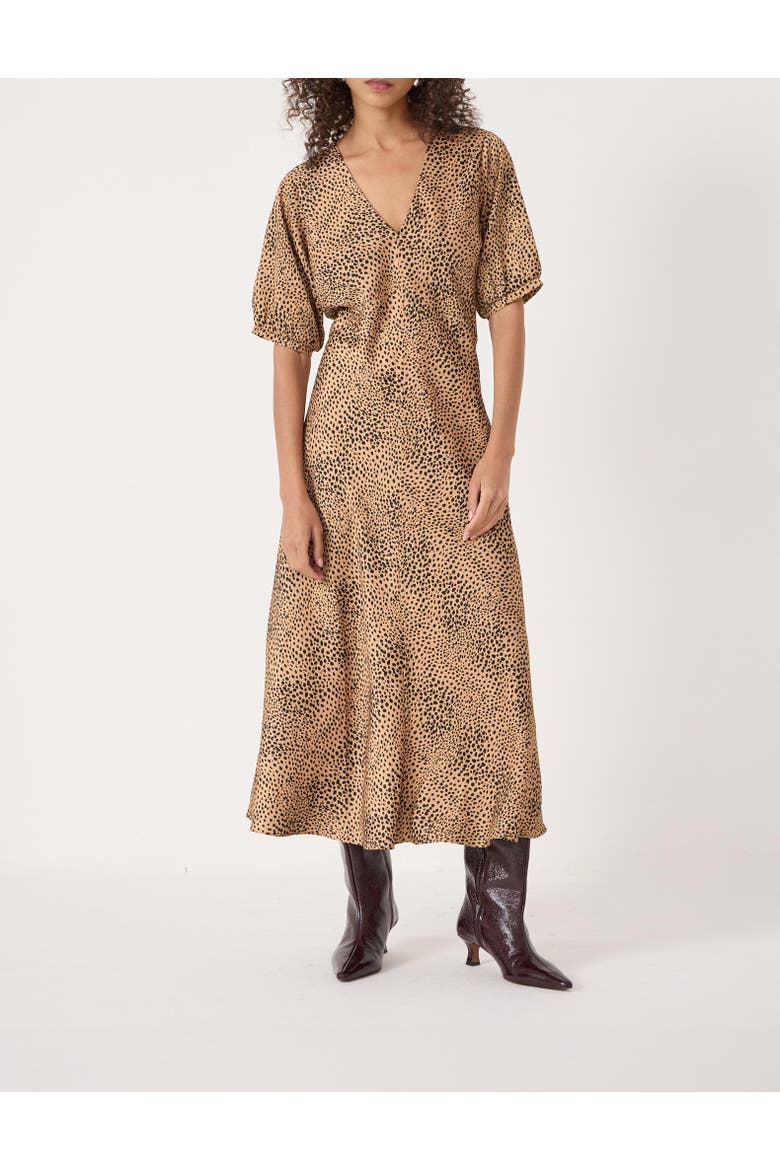 Grace V-Neck Puff Sleeve Satin Dress, Alternate, color, Deer Brown