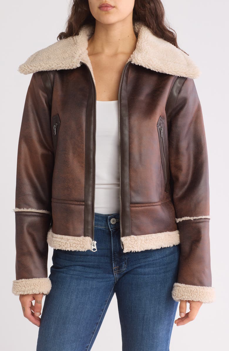 Lucky Brand Faux Shearling Trim Faux Leather Jacket, Alternate, color,