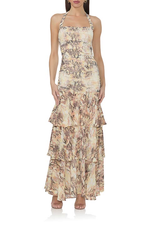 Snakeskin Grain Printed Halter Elastic Waist Split Maxi Dresses