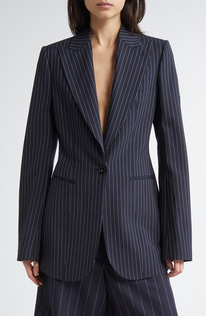 Stella McCartney Pinstripe Wool One-Button Blazer, Main, color, Ink
