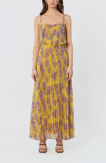 ASTR the Label | Makennah Pliss Floral Maxi Dress in Yellow Purple Floral | Size L