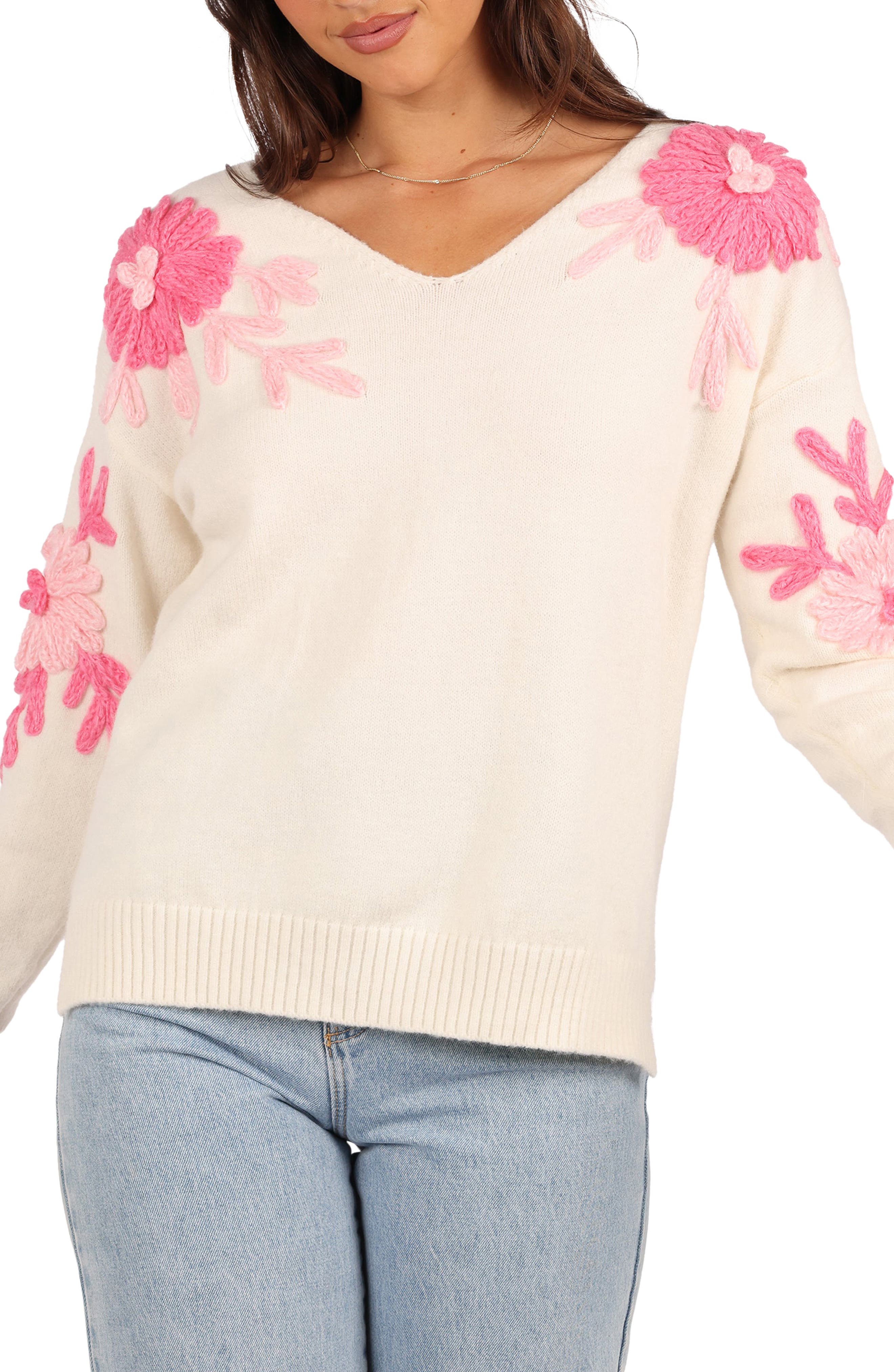 Celeste Flower Embroidered V-Neck Sweater