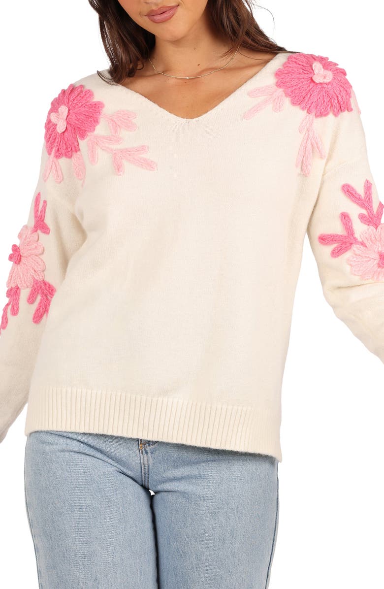 Petal & Pup Celeste Flower Embroidered V-Neck Sweater, Main, color, Cream/ Pink
