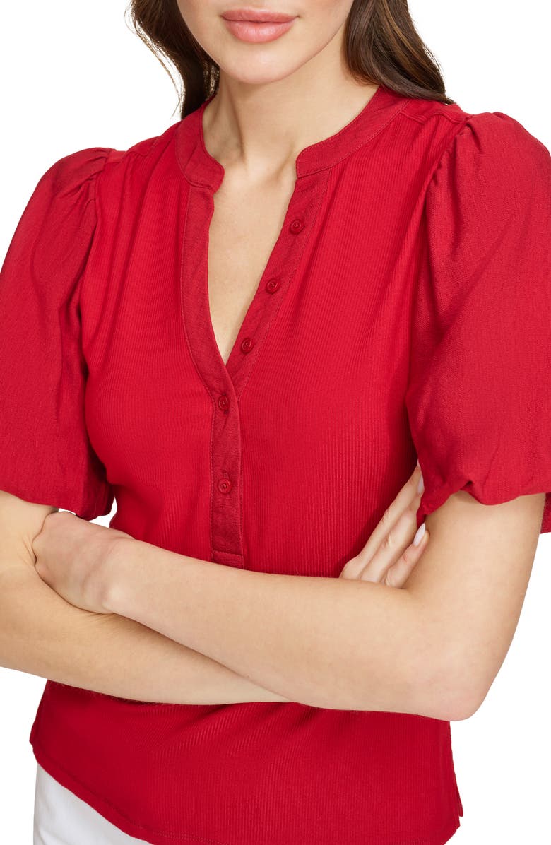 DKNY Rib Crinkle Sleeve Henley Top, Alternate, color, Sangria