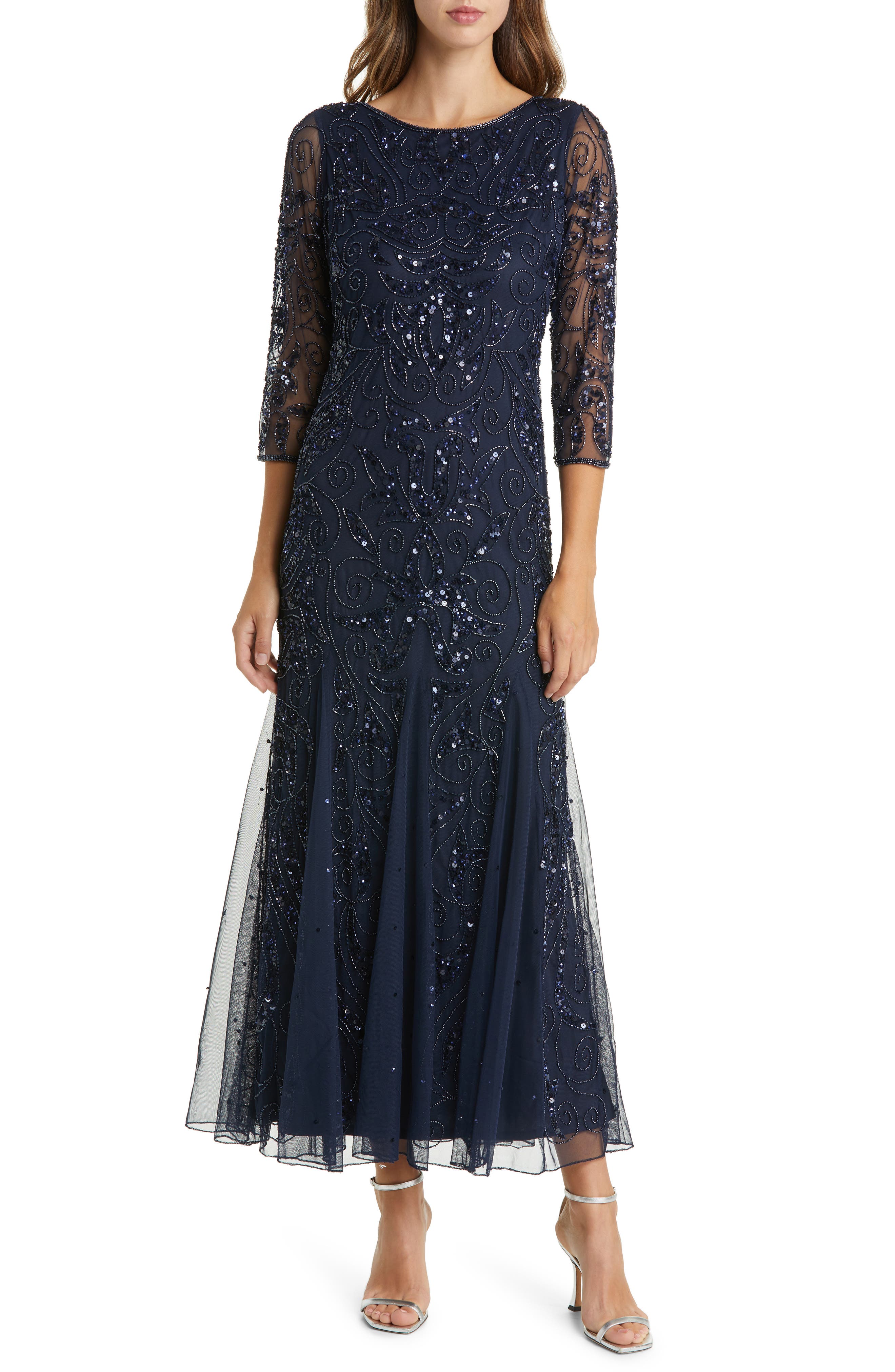 Pisarro Nights Illusion Sleeve Beaded A-Line Gown in Dark Navy 