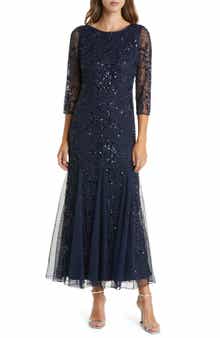 Pisarro Nights Illusion Sleeve Beaded A-Line Gown