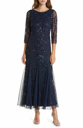 Pisarro Nights Illusion Sleeve Beaded A-Line Gown
