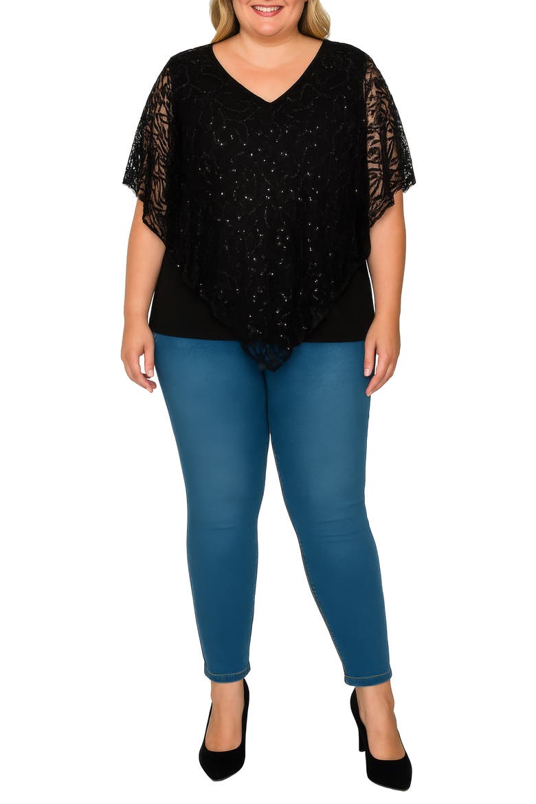 Sequin Poncho Top, Alternate, color, BLACK