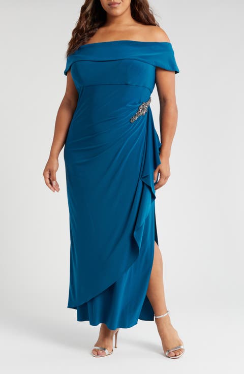 Off the Shoulder Embellished Column Gown (Plus Size)