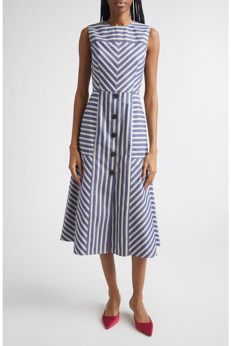 Stripe A-Line Cotton Midi Dress, Main, color, BLUE MULTI