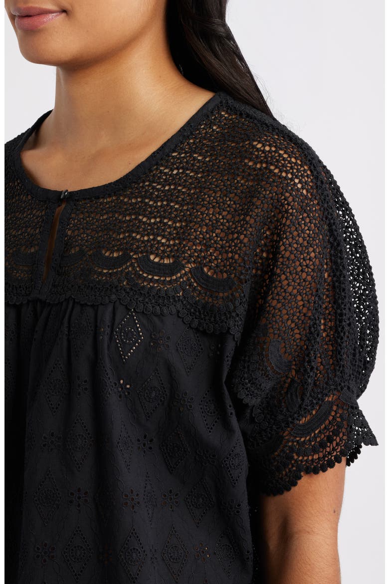 Lace Yoke Cotton Top, Alternate, color, BLACK