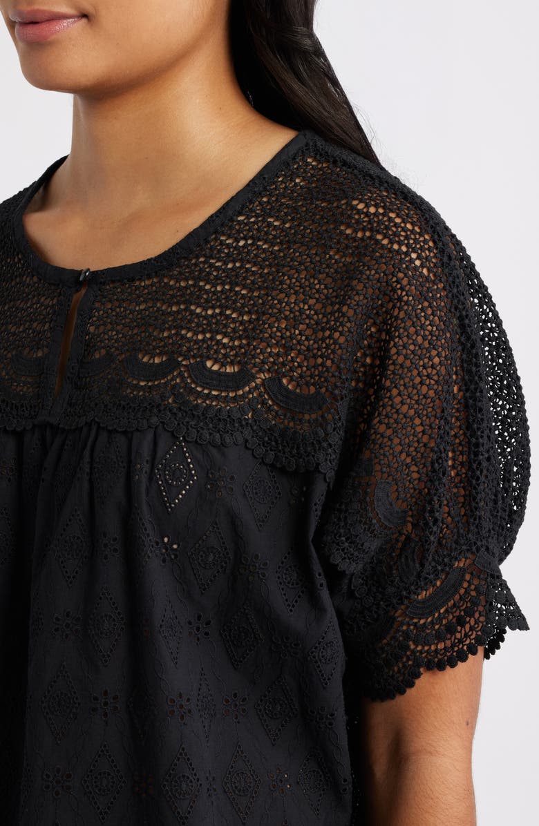 Bobeau Lace Yoke Cotton Top, Alternate, color, Black