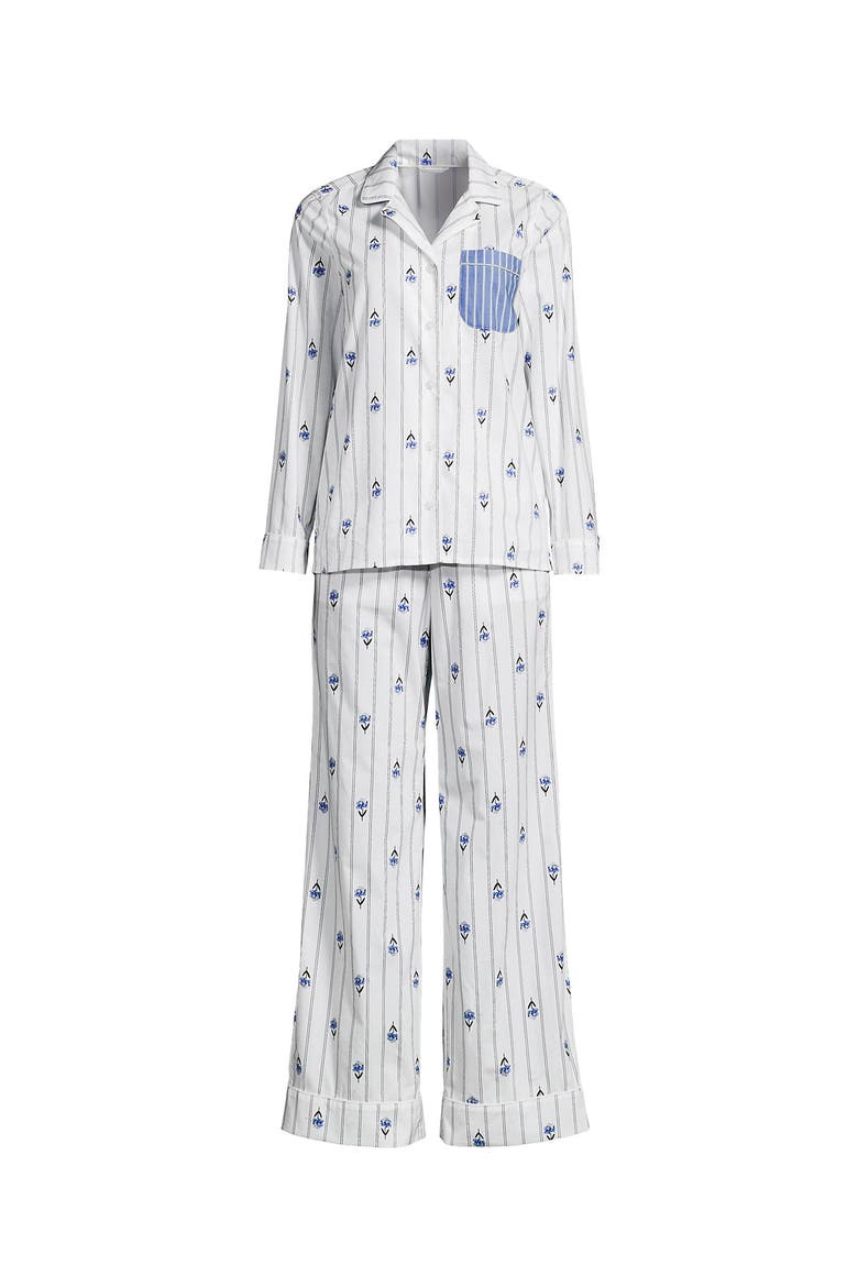 Cotton Poplin 2 Piece Pajama Set - Long Sleeve Top and Pants, Alternate, color, White/Blue Floral Stripe