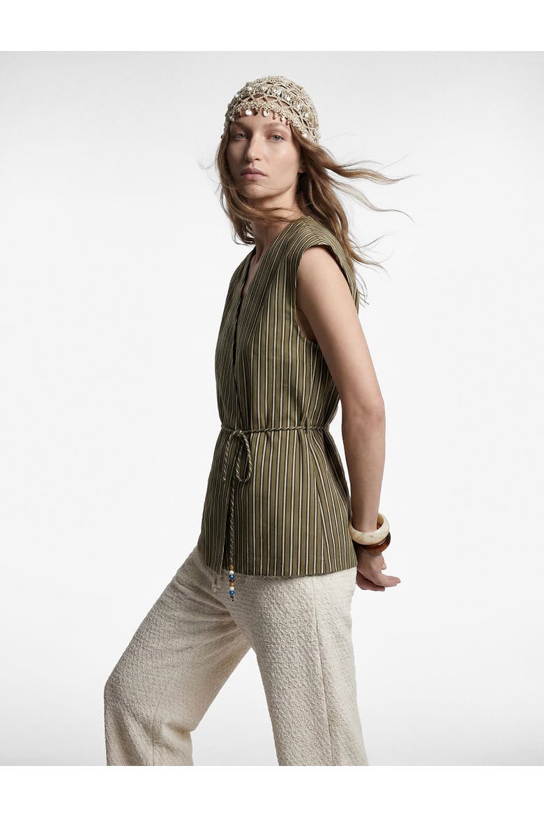 Sleeveless V-Neck Striped Wrap Top, Alternate, color, KHAKI STRIPE