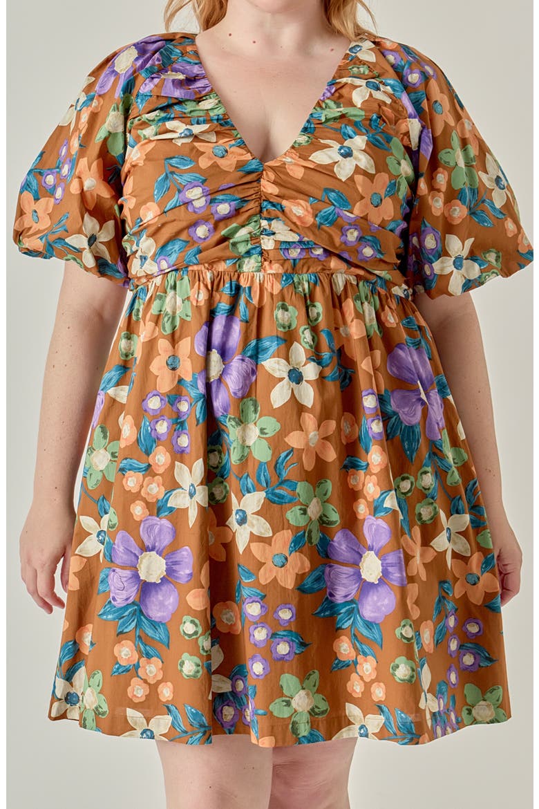 Floral Puff Sleeve Minidress, Alternate, color, BROWN MULTI