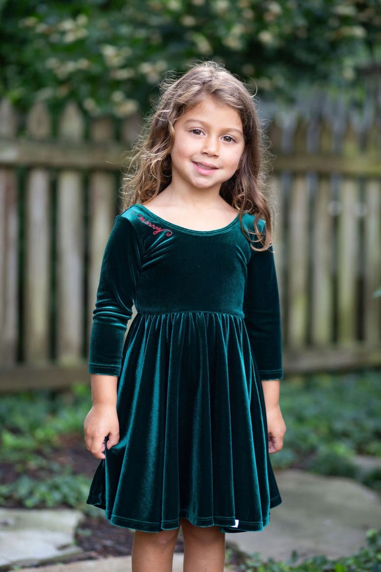 Embroidered Velvet Holiday Twirly Dress, Alternate, color, Emerald Green
