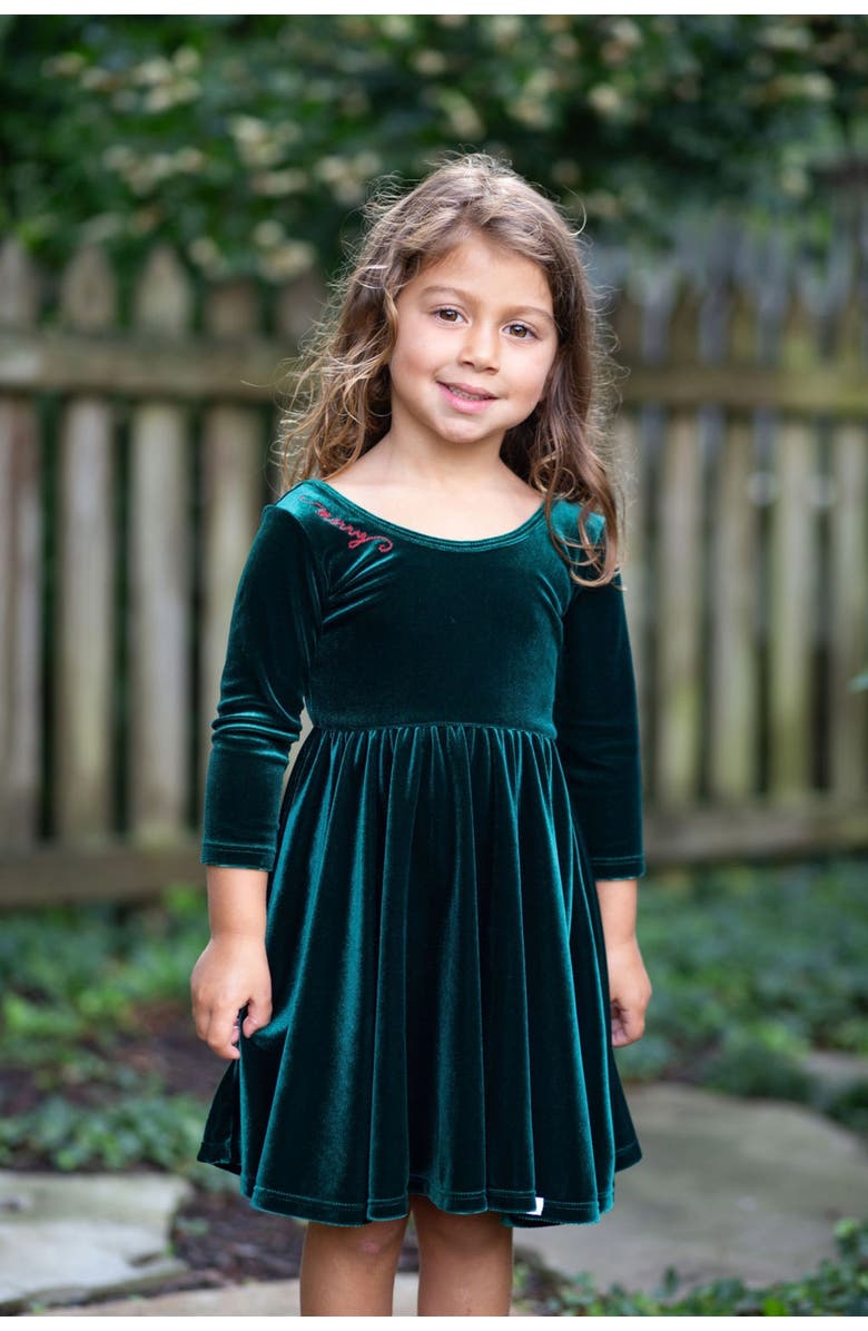 WORTHY THREADS Embroidered Velvet Holiday Twirly Dress, Alternate, color, Emerald Green