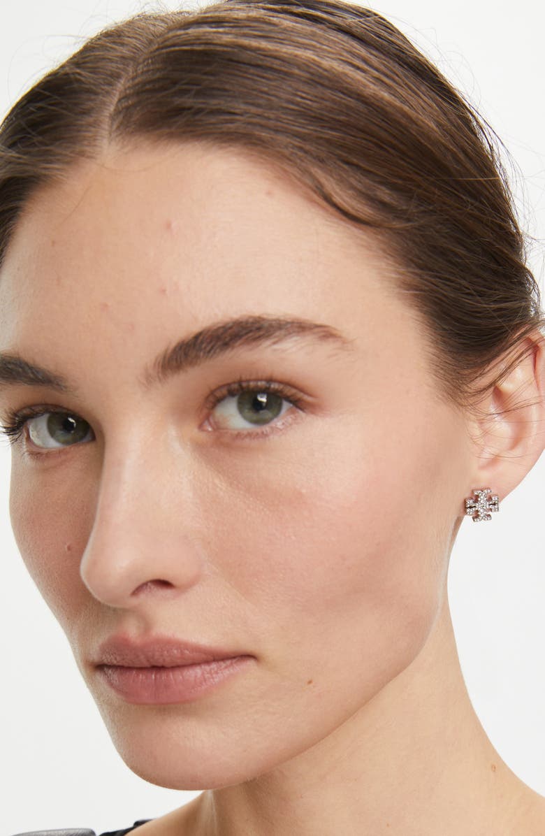 Tory Burch Icon Pavé Stud Earrings, Alternate, color, Tory Gold / Crystal