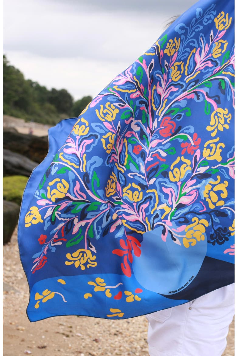 Silk Scarf of Night Flowers, Alternate, color, Blue