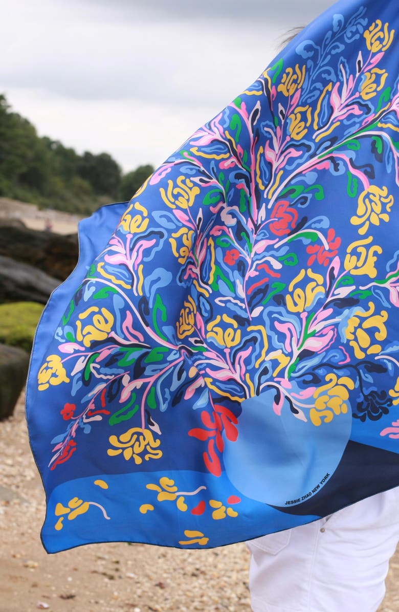 Jessie Zhao New York Silk Scarf of Night Flowers, Alternate, color, Blue