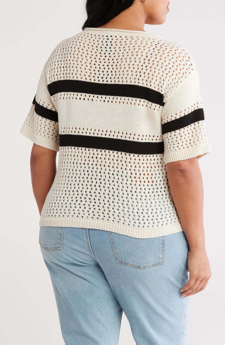 Sanctuary Open Stitch Short Sleeve Cotton Sweater, Alternate, color, Black/ Chalk