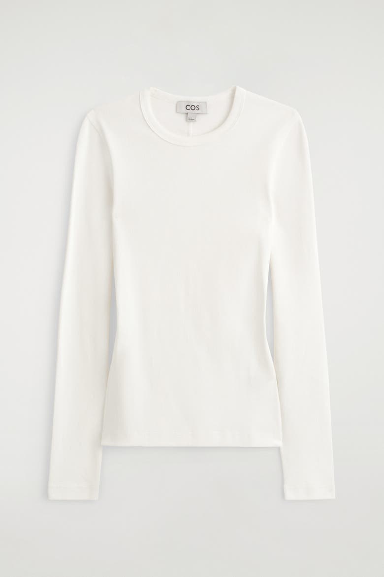 Slim Ribbed Cotton Long-Sleeved Top, Main, color, WHITE
