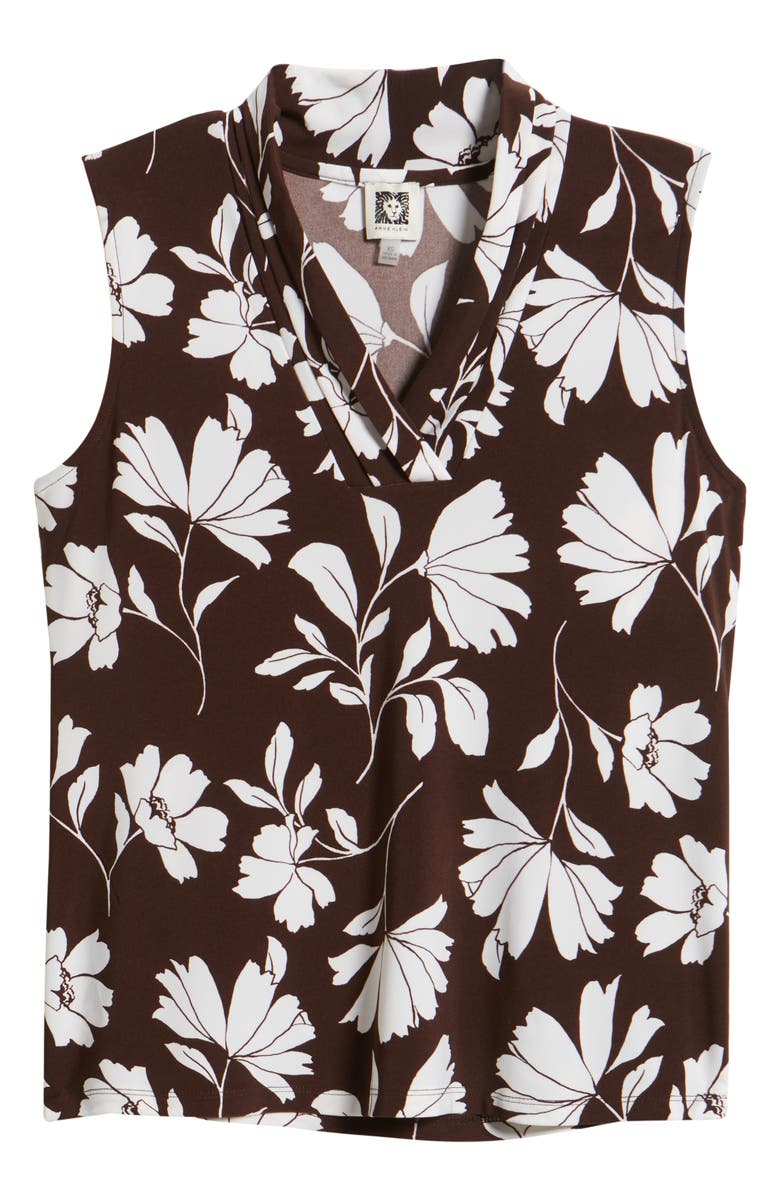 Anne Klein Floral Triple Pleat V-neck Top, Alternate, color, Dark Chocolate