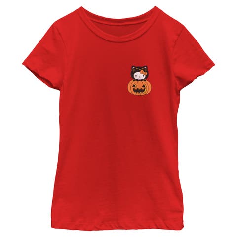 Girl's Hello Kitty Halloween Pumpkin and Kitty Pocket  Graphic T-Shirt