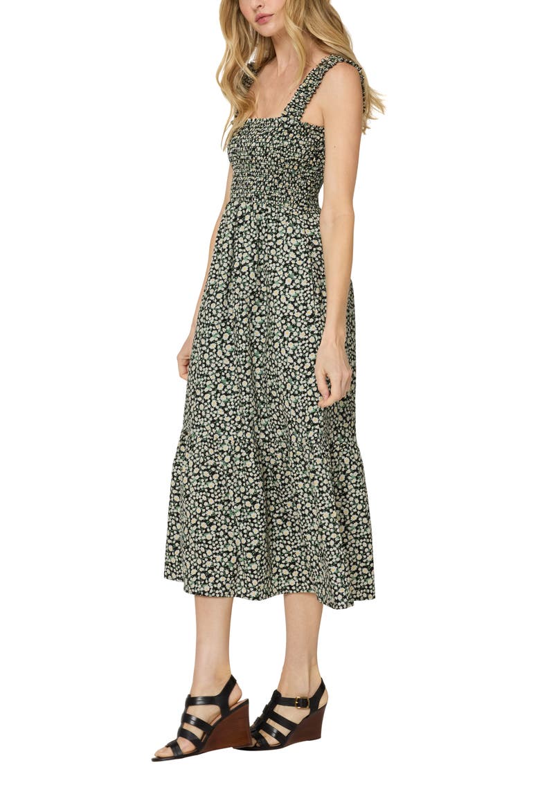 The Smocked Ruffle Tank Midi Dress, Alternate, color, Black Sunflower