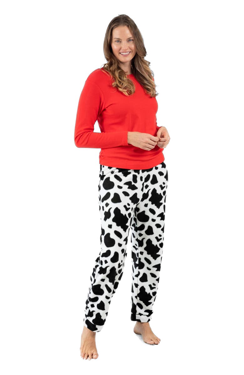 Leveret Women's Cotton Top & Fleece Pants Printed Matching Family Holiday Pajama Set, Main, color, Cow