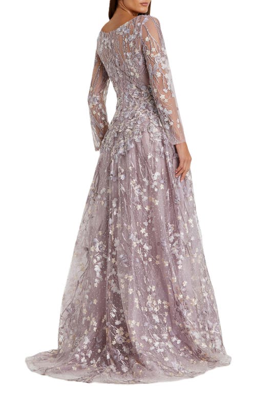 Mac Duggal Embroidered Lace Wrap Over Illusion Long Sleeve A Line Gown In Lilac