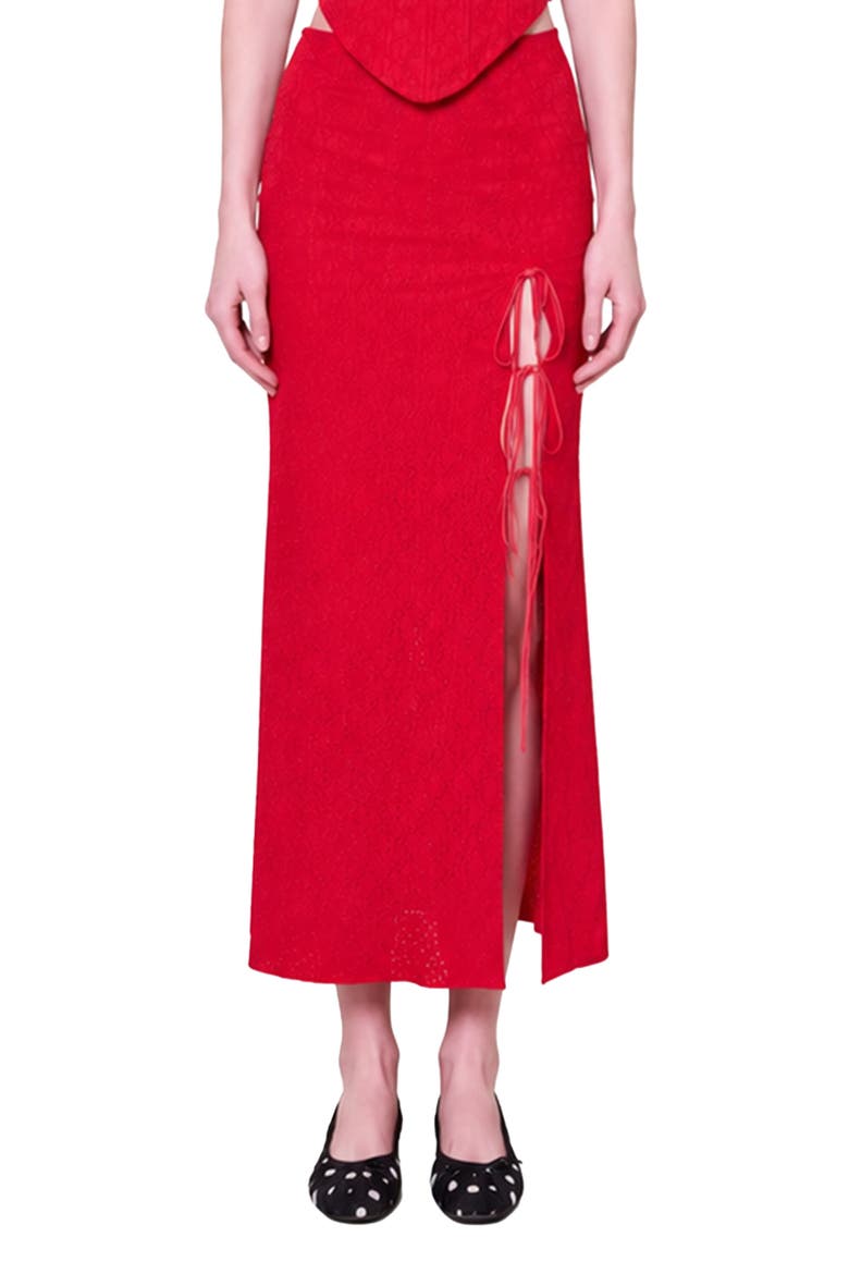 The Broderie Anglaise Edit Embroidered Midi Skirt With Side Slit And Ribbon Tie, Alternate, color, Red