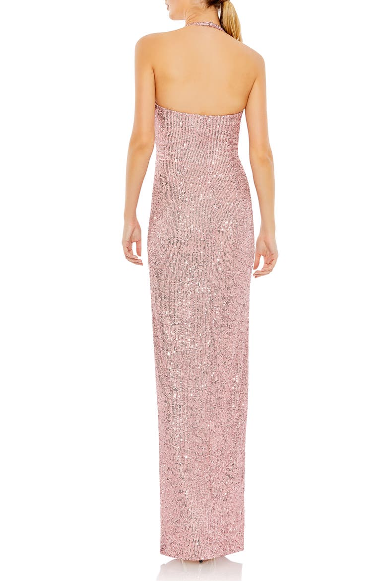 Square Sequin Halter Strap With Low Side Knot Detail Evening Gown, Alternate, color, ROSE