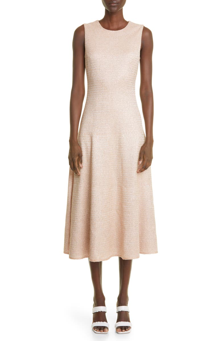 St. John Evening Metallic Knit Sleeveless Midi Dress, Main, color, 