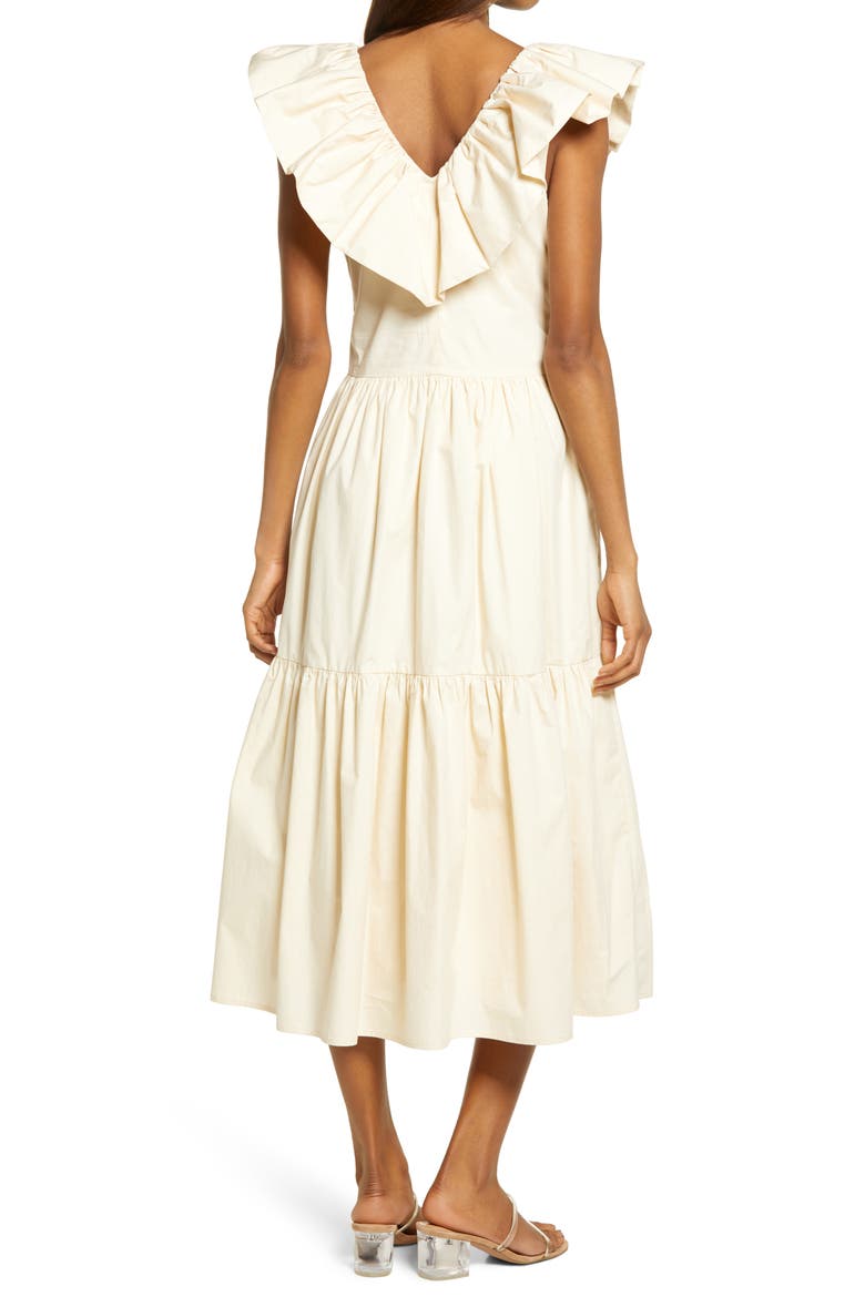 Ruffle V-Neck Cotton Dress, Alternate, color, BEIGE