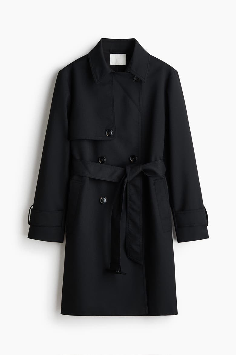 Knee-Length Twill Trench Coat, Alternate, color, Black