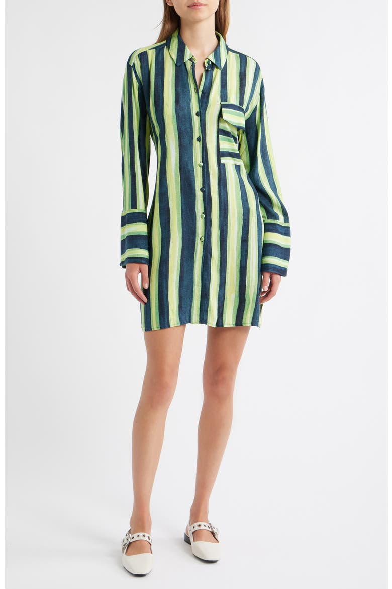 Stripe Tie Waist Long Sleeve Mini Shirtdress, Main, color, MEDIUM GREEN