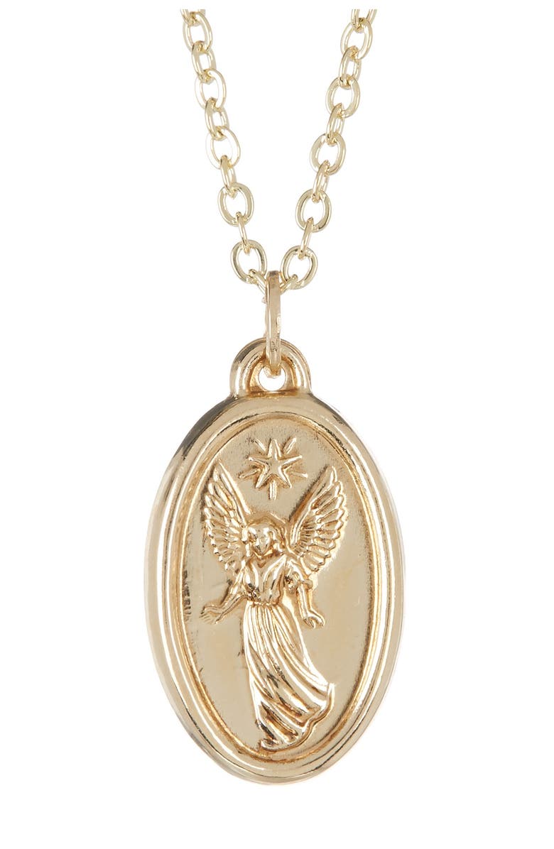 BEST SILVER 14K Yellow Gold Oval Angel Medallion Necklace, Main, color, 