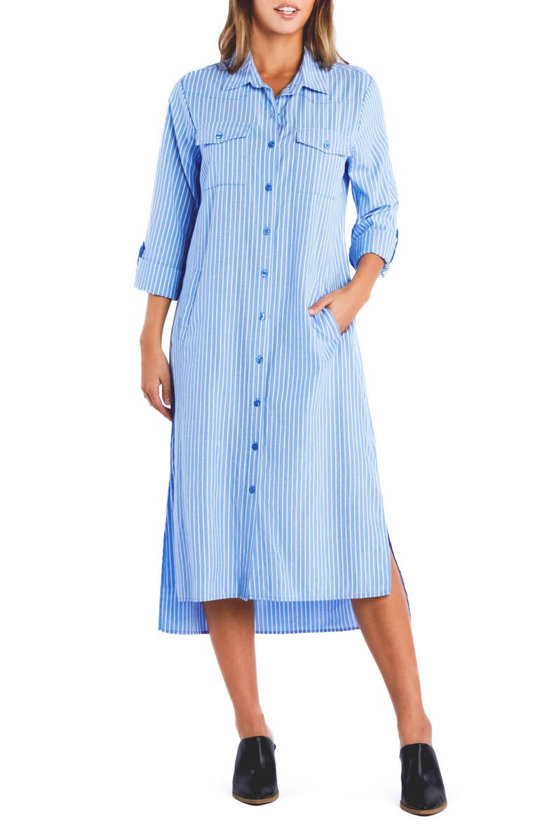 Billy T Take a Chance Stripe Long Sleeve Linen Blend Shirtdress, Main, color, Denim Blue Stripes