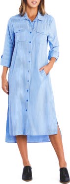 Billy T Take a Chance Stripe Long Sleeve Linen Blend Shirtdress