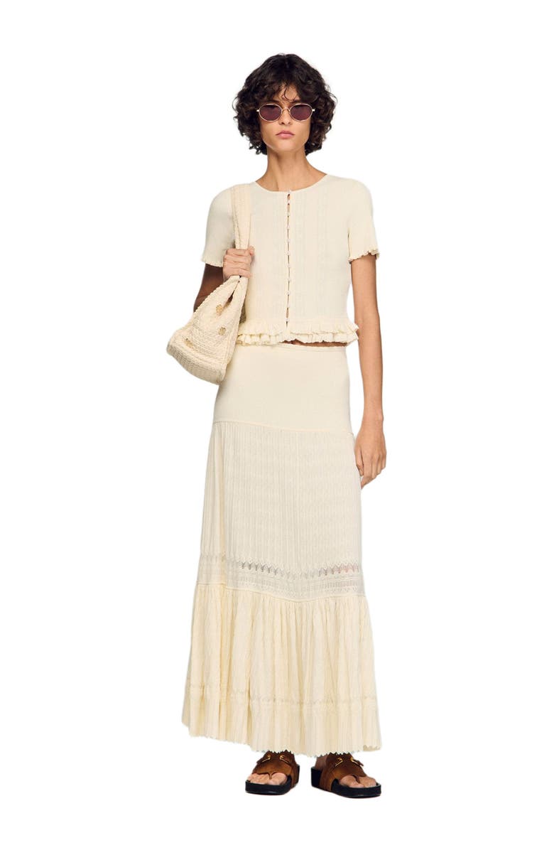 SANDRO Ruffled knit cardigan, Alternate, color, Ecru