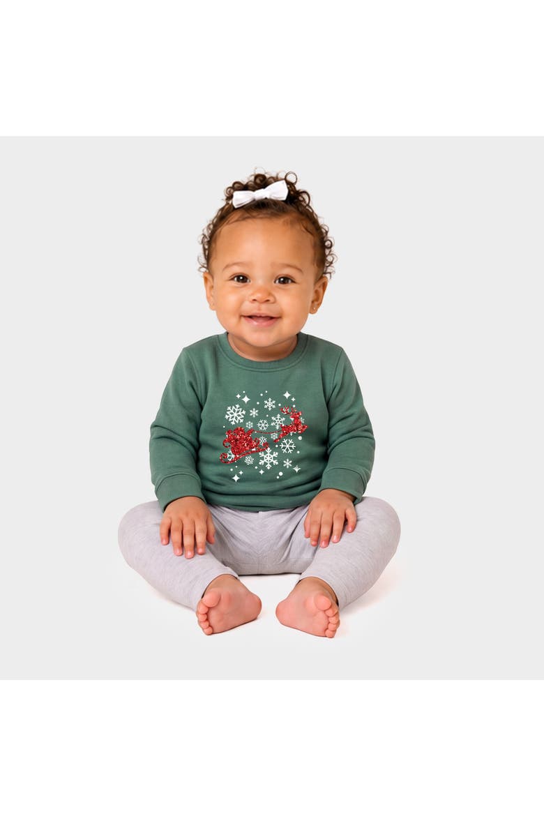Santa Sleigh Glitter Crew Fleece Sweatshirt (baby), Main, color, Blue Spruce