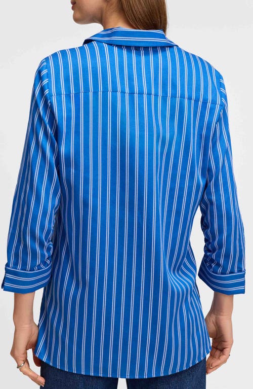 Foxcroft Evelyn Stripe Three-quarter Sleeve Cotton Button-up Shirt In Blue