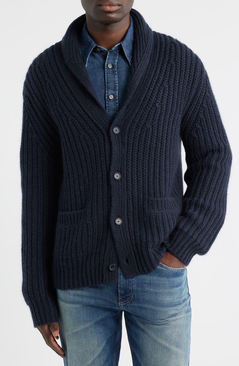 BOSS Horace Shawl Collar Ribbed Wool & Cashmere Cardigan, Alternate, color, Dark Blue