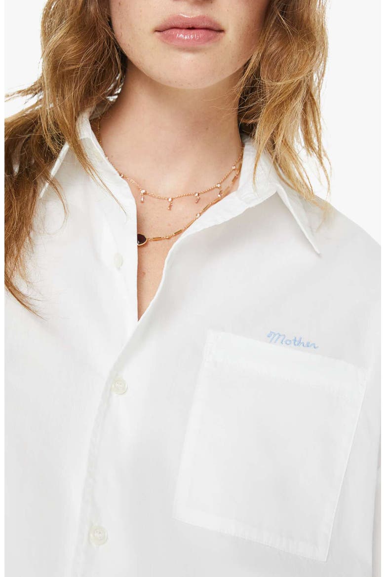 The Scrunchie Frenchie Bubble Hem Cotton Button-Up Shirt, Alternate, color, WHITE