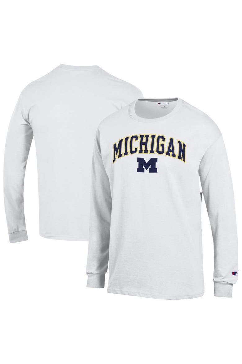 Men's Champion  White Michigan Wolverines Arch Over Logo Long Sleeve T-Shirt, Alternate, color, White