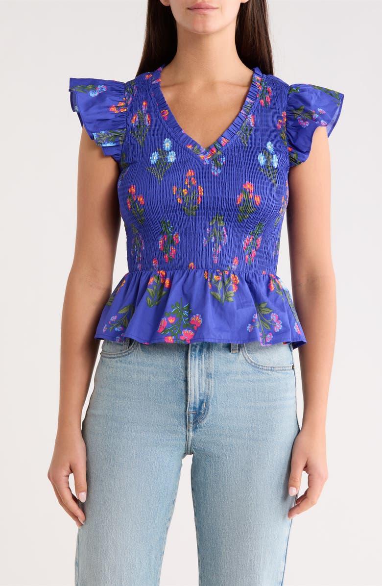 SUGARLIPS Clemen Floral Brish Smocked Flutter Sleeve Peplum Cotton Top, Main, color, Navy